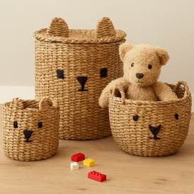 Teddy Bear Storage Basket Natural Seagrass Wicker & Jute Set 3pcs
