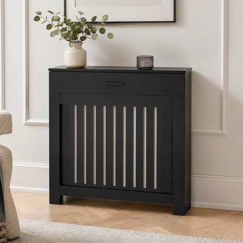 Vertical Slat Black Radiator Cover with Storage Drawers - Home from ...