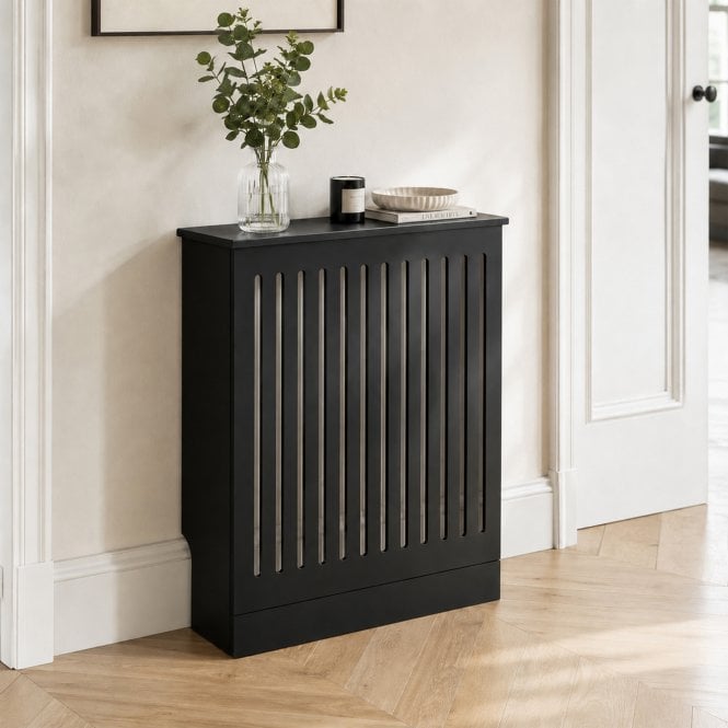 Vertical Slat Black Wooden Radiator Cover with Base Riser