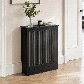 Vertical Slat Black Wooden Radiator Cover with Base Riser