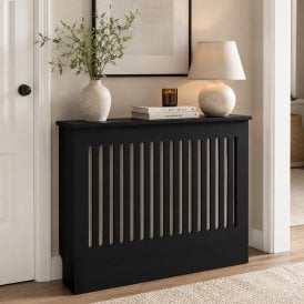 Vertical Slat Black Wooden Radiator Cover with Base Riser