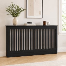 Vertical Slat Black Wooden Radiator Cover with Base Riser