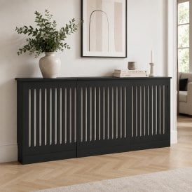 Vertical Slat Black Wooden Radiator Cover with Base Riser