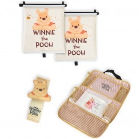 Winnie The Pooh Backseat Bundle - Roller Blind Sunshade, Hanging Organiser & 3D Seatbelt Cover
