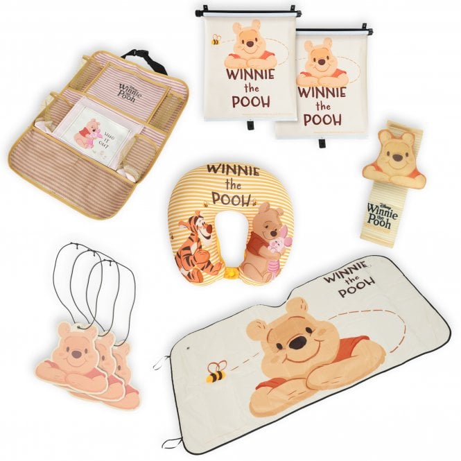 Winnie The Pooh Ultimate Car and Travel Bundle - Travel Pillow, 3D Seatbelt Cover, Roller Blind Sunshade, Hanging Organiser, Front Window Shade & Air Freshener