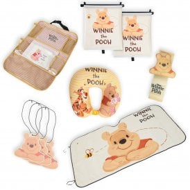Winnie The Pooh Ultimate Car and Travel Bundle - Travel Pillow, 3D Seatbelt Cover, Roller Blind Sunshade, Hanging Organiser, Front Window Shade & Air Freshener