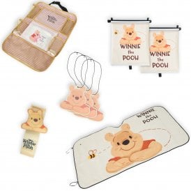 Winnie The Pooh Ultimate Car Bundle - 3D Seatbelt Cover, Roller Blind Sunshade, Hanging Organiser, Front Window Shade & Air Freshener